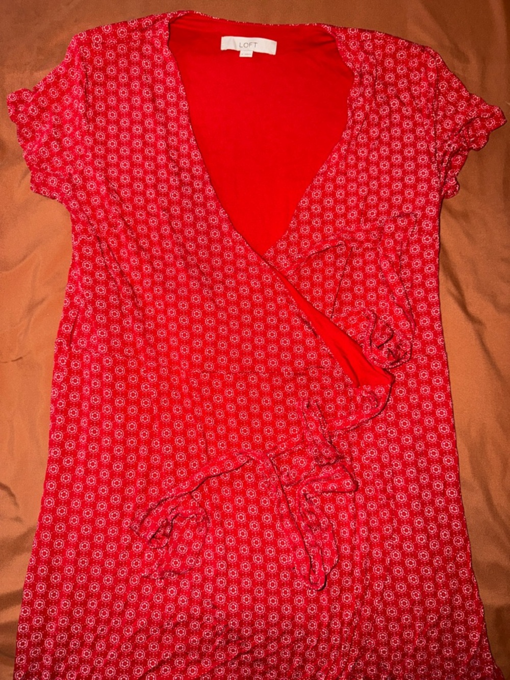 LOFT Red Printed Wrap-Style Short Sleeve Dress